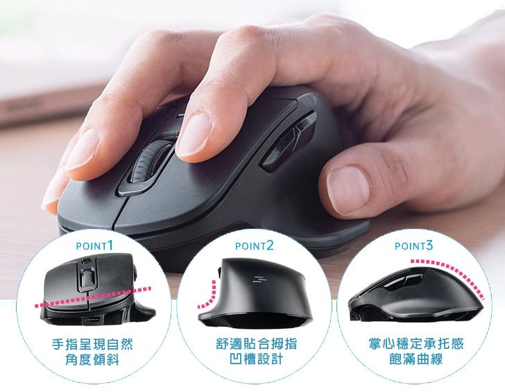 手指呈現自然角度傾斜 舒適貼合拇指凹槽設計 掌心穩定承托感 飽滿曲線