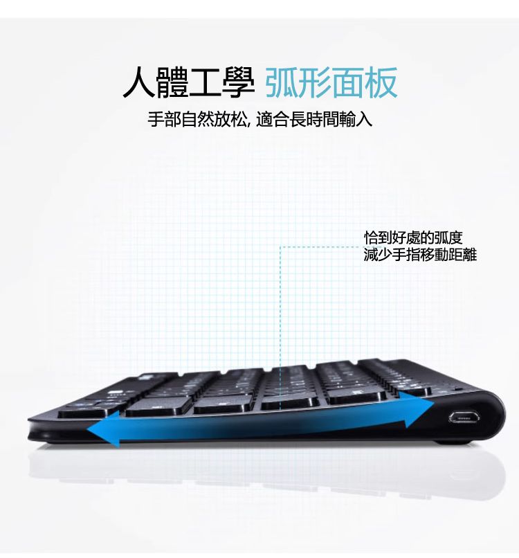 人體工學 弧形面板 手部自然放松, 適合長時間輸入 恰到好處的弧度 減少手指移動距離