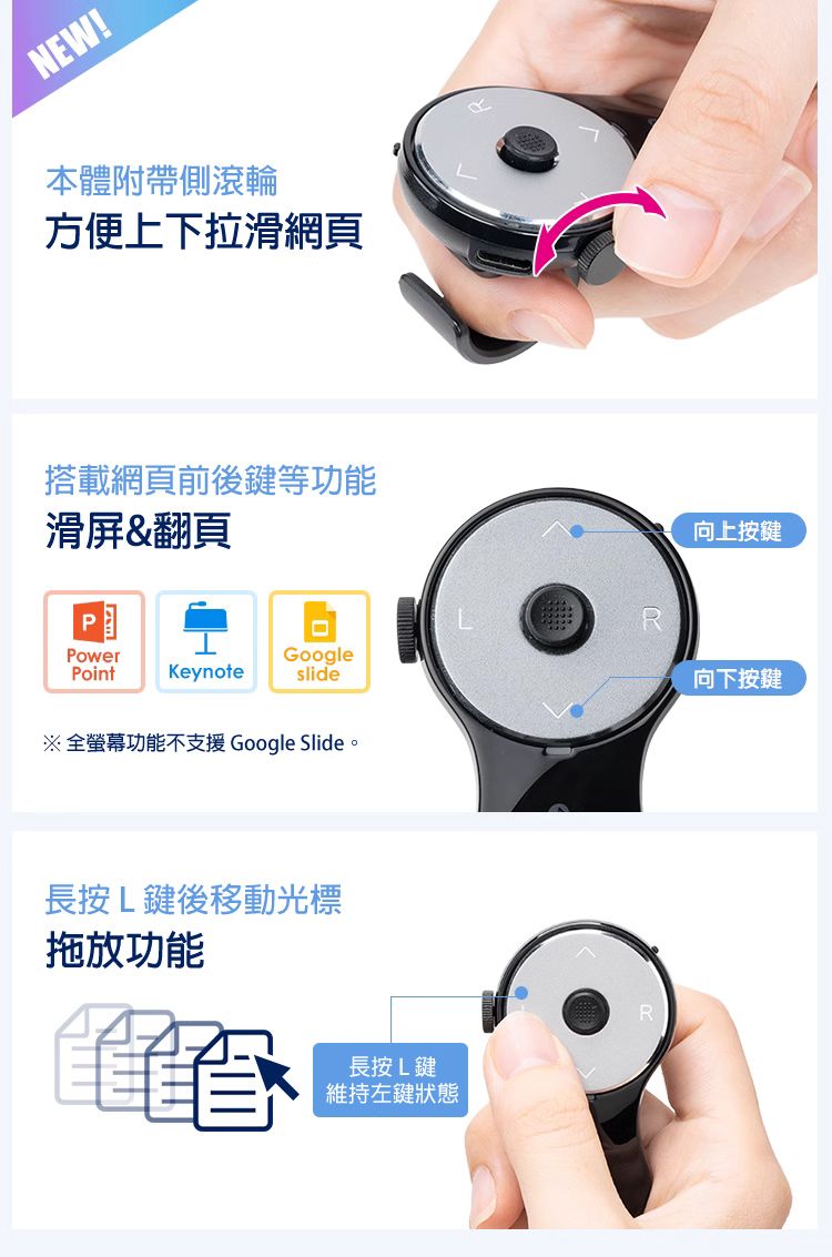 本體附帶側滾輪 方便上下拉滑網頁 搭載網頁前後鍵等功能 滑屏&翻頁 長按 L 鍵後移動光標 拖放功能