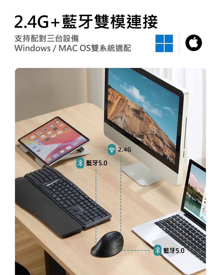 2.4G+藍牙雙模連接 支持配對三台設 Windows / MAC OS雙系統適配