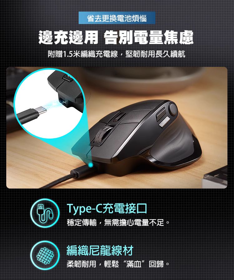 省去更換電池煩惱 邊充邊用 告別電量焦慮 附贈1.5米編織充電線，堅韌耐用長久續航