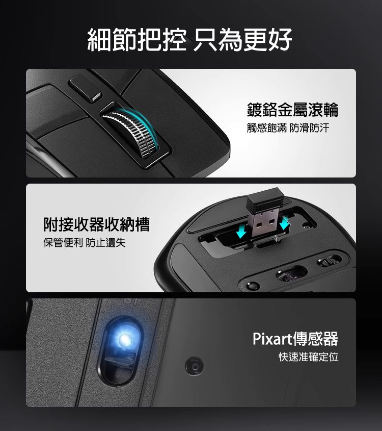 細節把控 只為更好 鍍鉻金屬滾輪 附接收器收納槽 Pixart傳感器