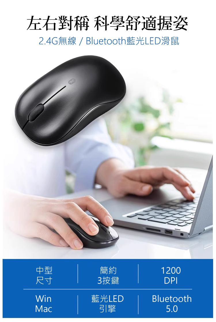 左右對稱 科學舒適握姿 2.4G無線 / Bluetooth藍光LED滑鼠