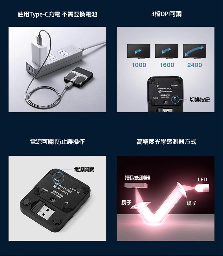 使用Type-C充電 不需要換電池 3檔DPI可調 電源可關 防止誤操作 高精度光學感測器方式
