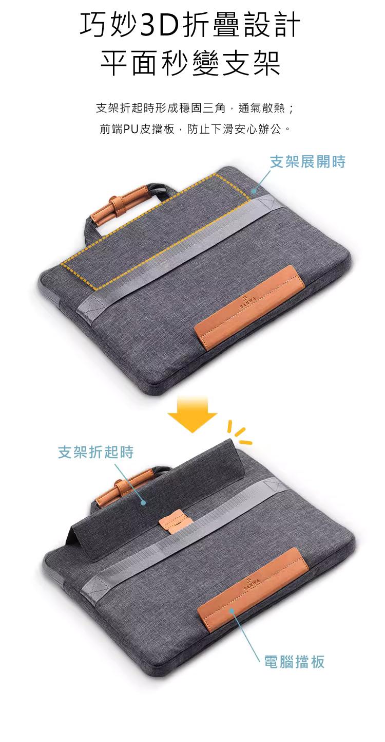 巧妙3D折疊設計平面秒變支架 支架折起時形成穩固三角，通氣散熱； 前端PU皮擋板，防止下滑安心辦公。
