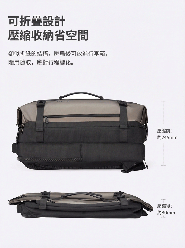 可折疊設計 壓縮收納省空間 類似摺紙的結構,壓扁後可放進行李箱, 隨用隨取,應對行程變化。