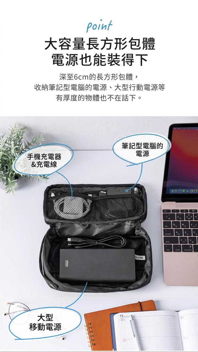 大容量長方形包體電源也能裝得下 深至6cm的長方形包體, 收納筆記型電腦的電源、大型行動電源等 有厚度的物體也不在話下。