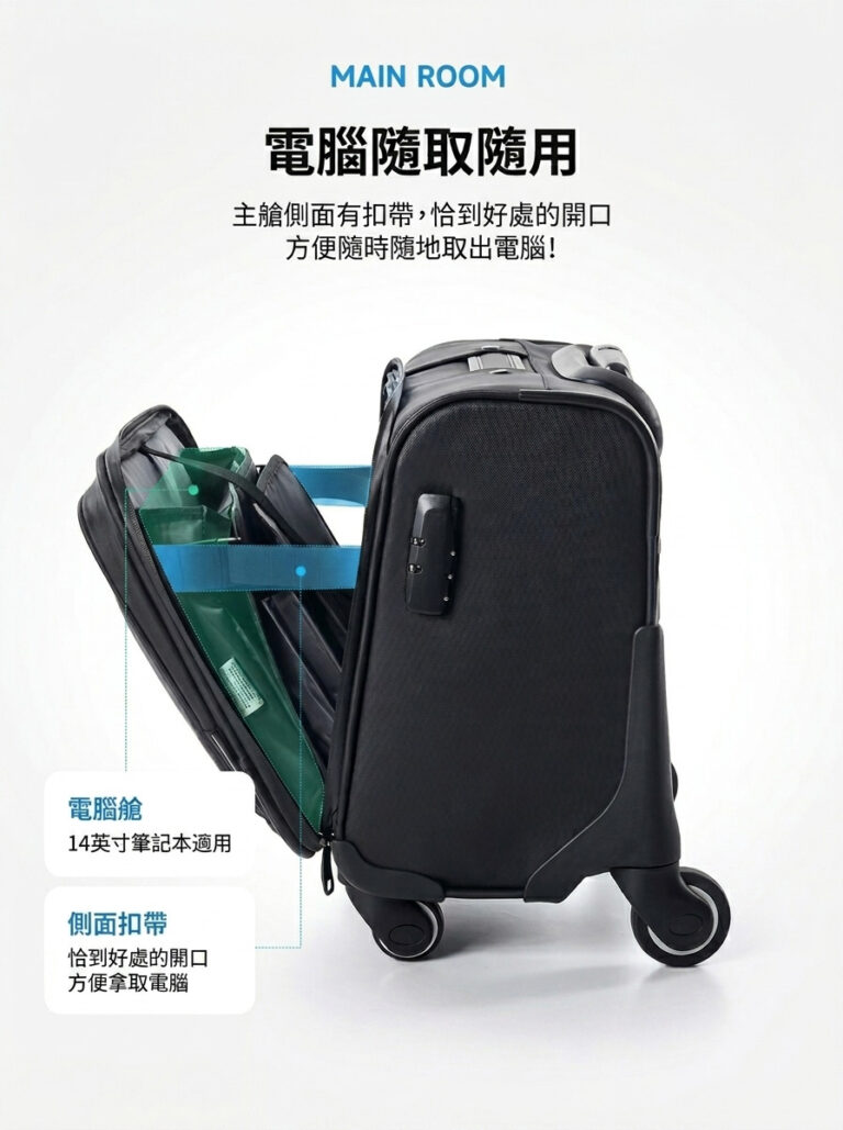 電腦隨取隨用 主艙側面有扣帶,恰到好處的開口 方便隨時隨地取出電腦!