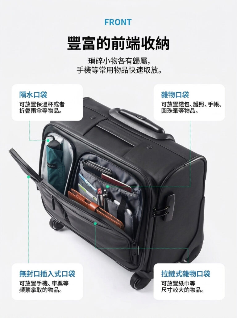 豐富的前端收納 瑣碎小物各有歸屬, 手機等常用物品快速取放。