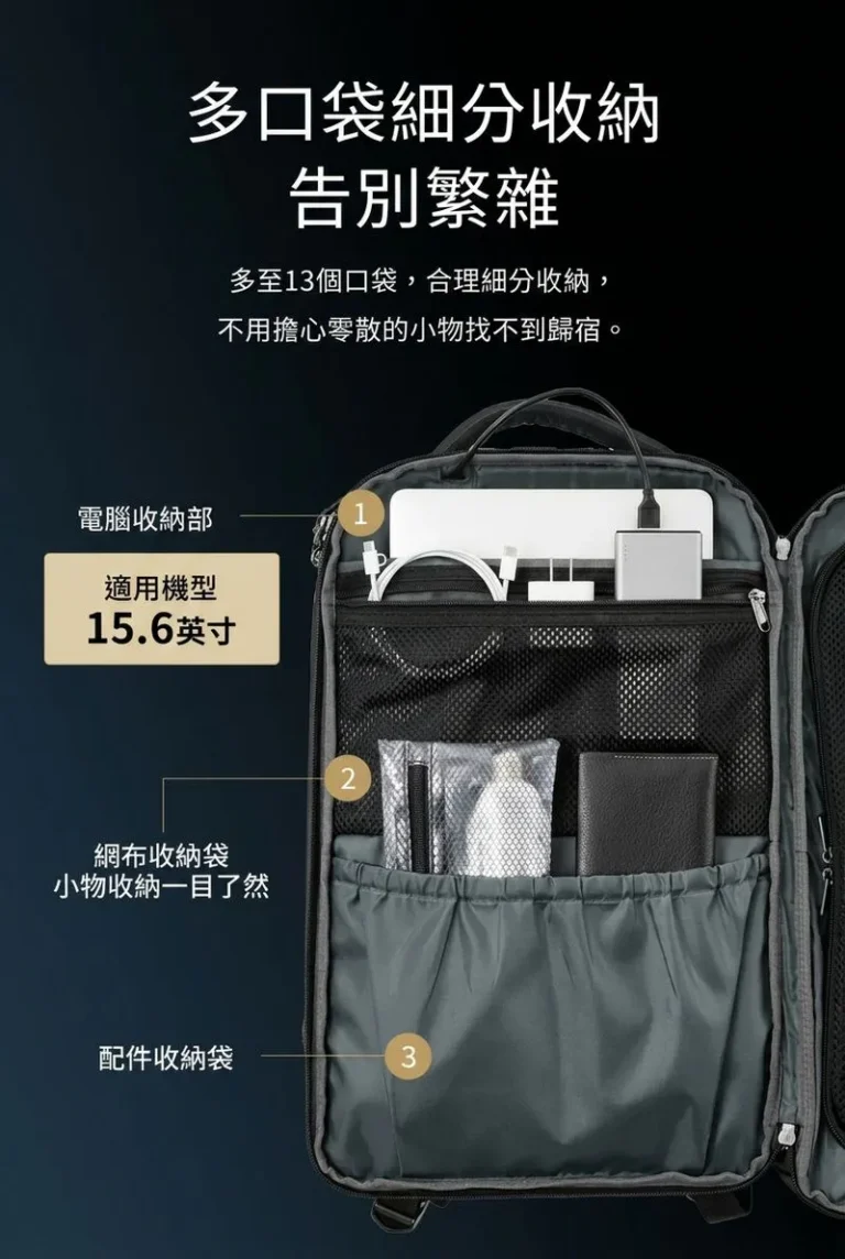 多口袋細分收納 告別繁雜 多至13個口袋,合理細分收納, 不用擔心零散的小物找不到歸宿。